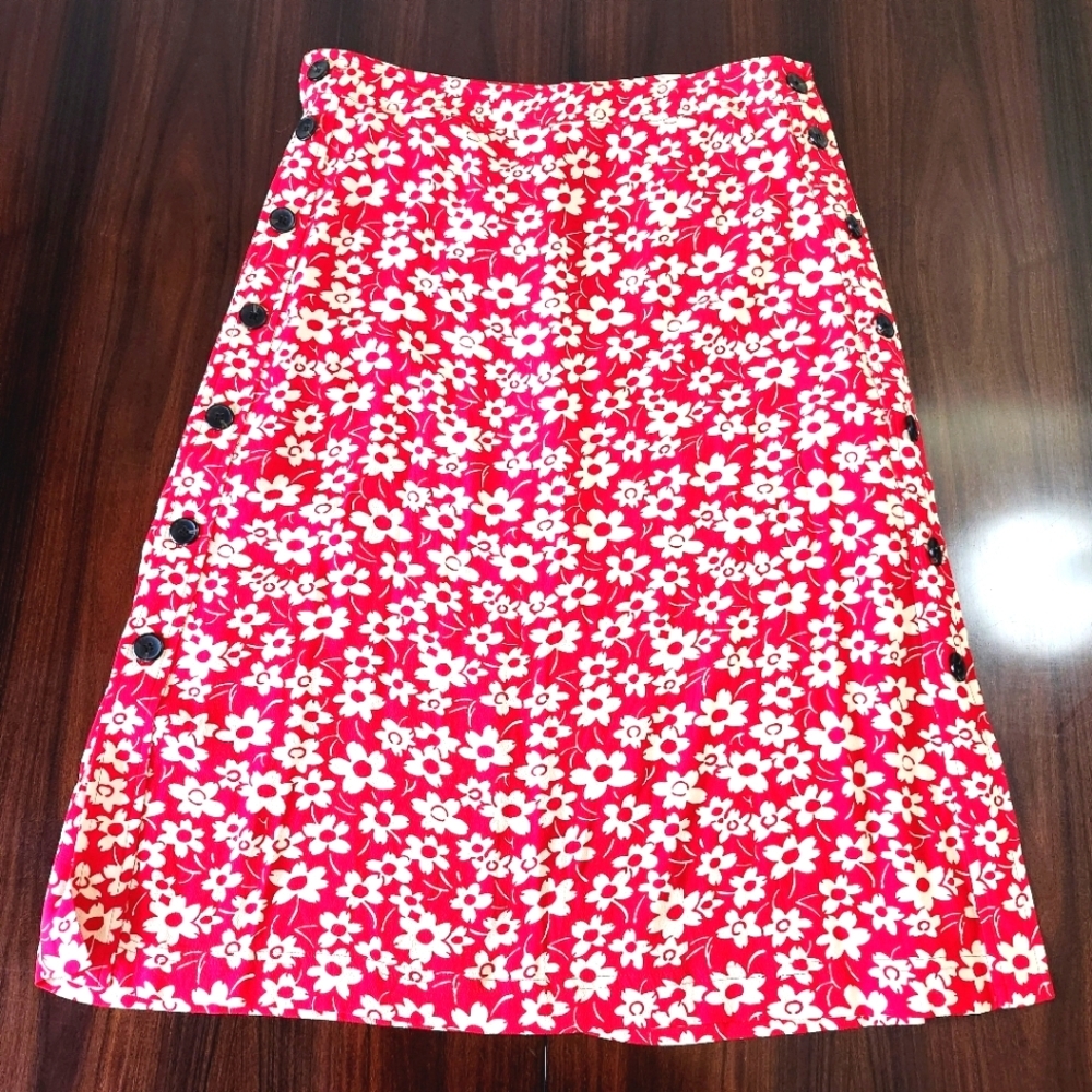 Madewell Red Floral Midi Skirt with Side Buttons